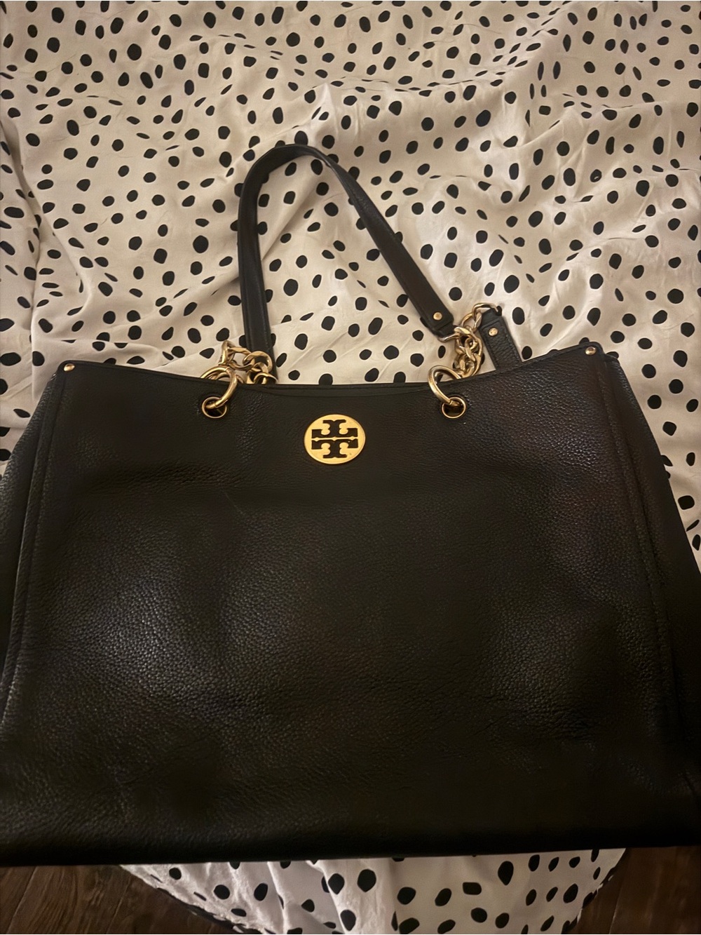 Tory Burch Black Pebbled Leather Tote with Gold Logo